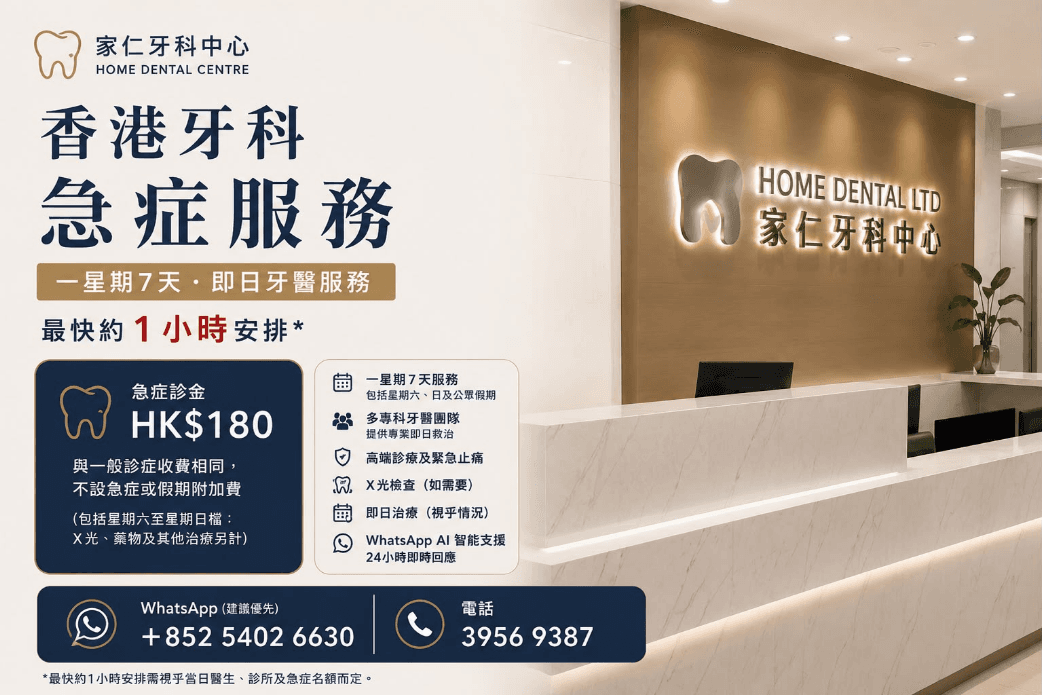 家仁牙科急症服務總覽圖:一周7天即日預約、急症診金HK$180、最快約1小時內安排應診