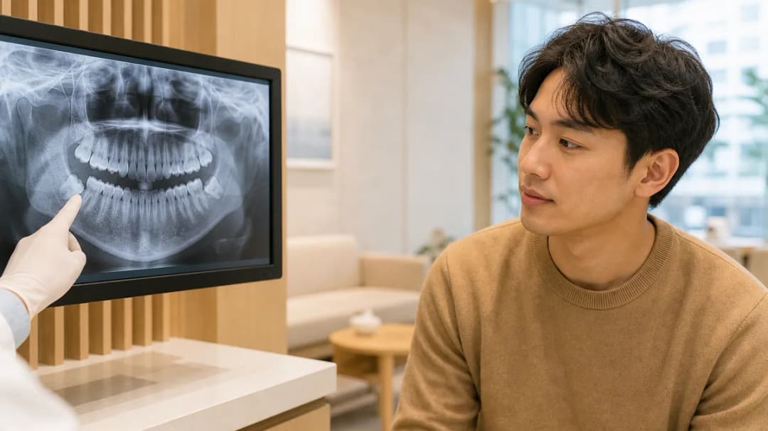 Dentist pointing at a panoramic dental X-ray showing impacted lower wisdom teeth