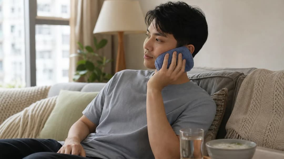 Patient resting at home with a cold compress on the cheek after wisdom tooth removal