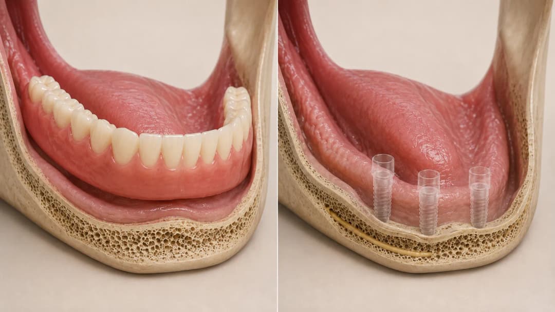 Conventional complete denture on the left; implant-retained overdenture on the right