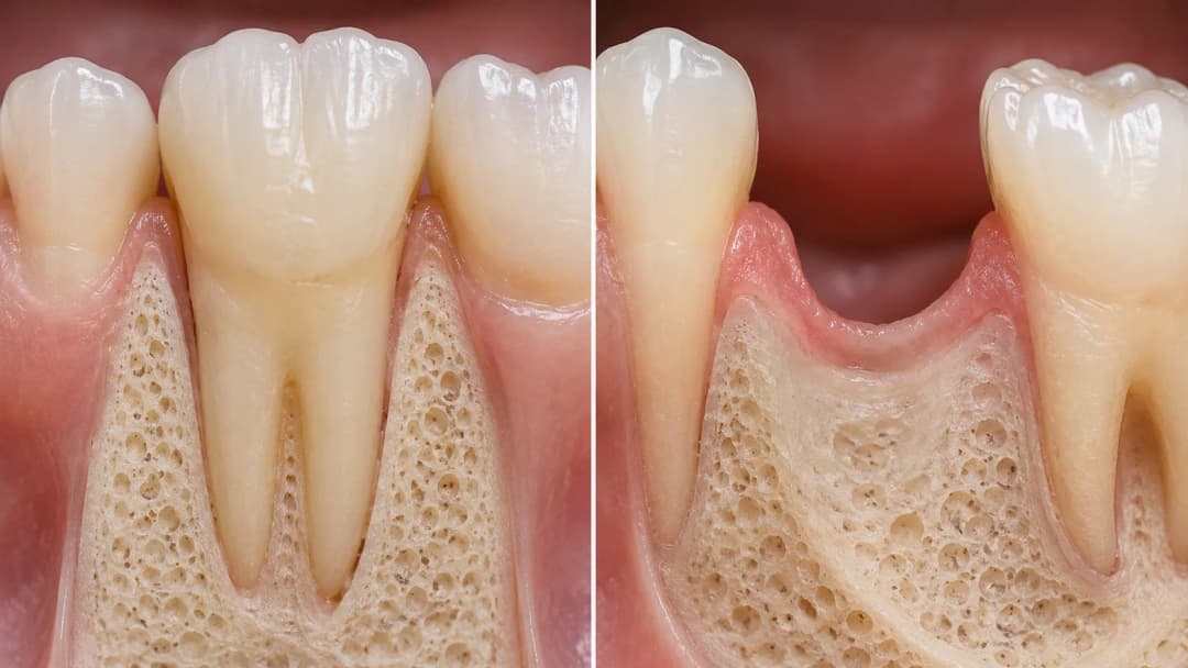 Same site compared: intact tooth on the left, collapsed ridge and tilting neighbours on the right