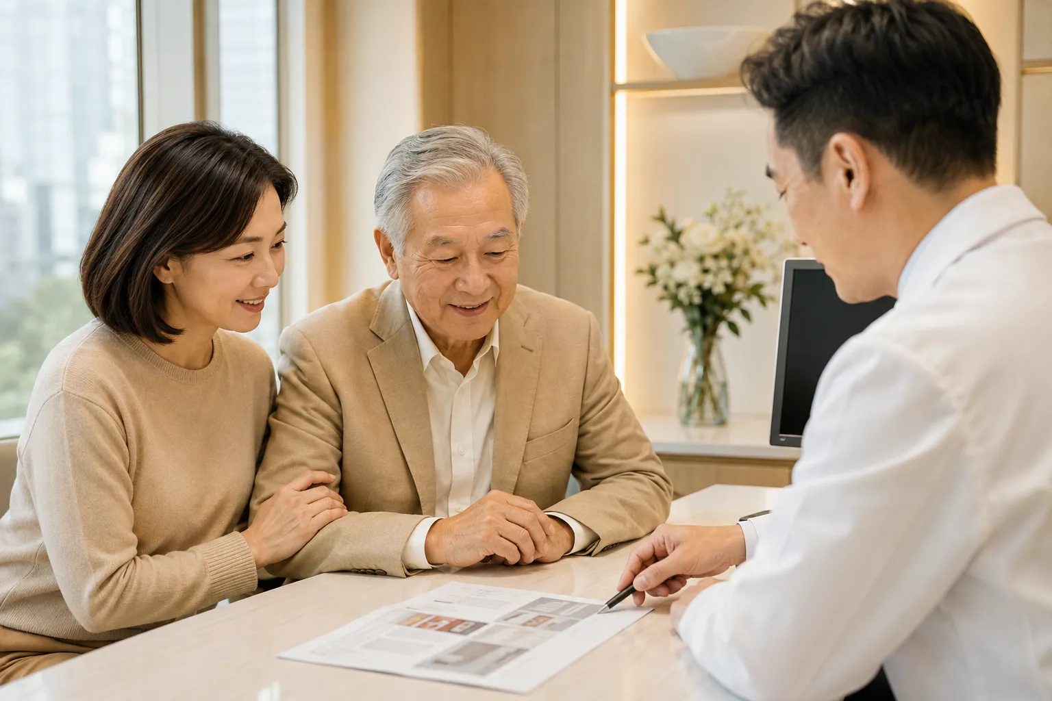 子女陪同父母在家仁牙科诊室内与牙医商谈治疗计划