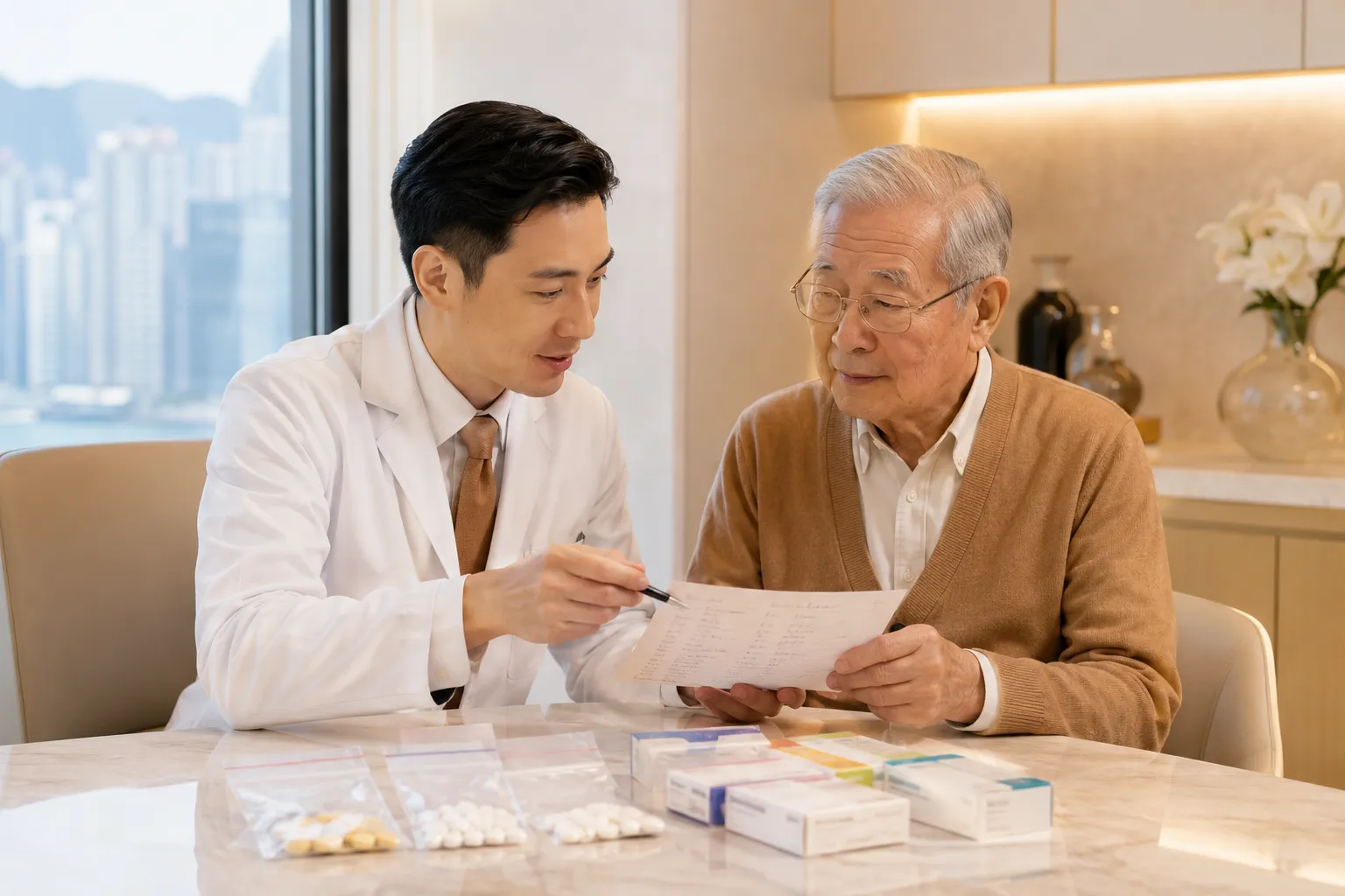牙医与长者一起审视药物清单和药袋